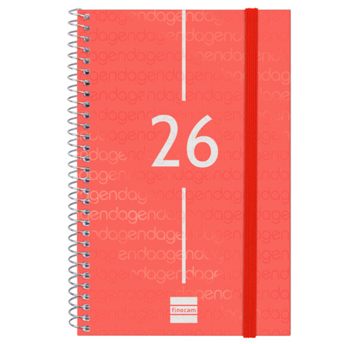 Agenda espiral finocam year e5, 117x181 mm. semana vista horizontal, tapas de polipropileno traslúcido, rojo