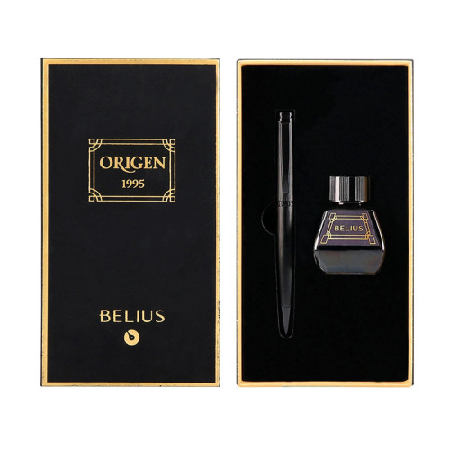 Pluma de aluminio belius origen 1995, negro - frasco de tinta negra - caja de diseño