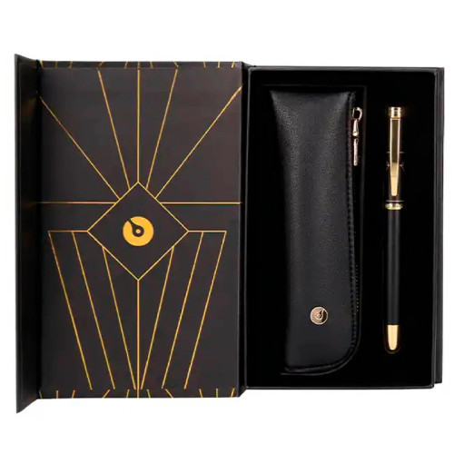 Pluma de aluminio belius soirée, negro/dorado, azul - estuche de símil piel - caja de diseño