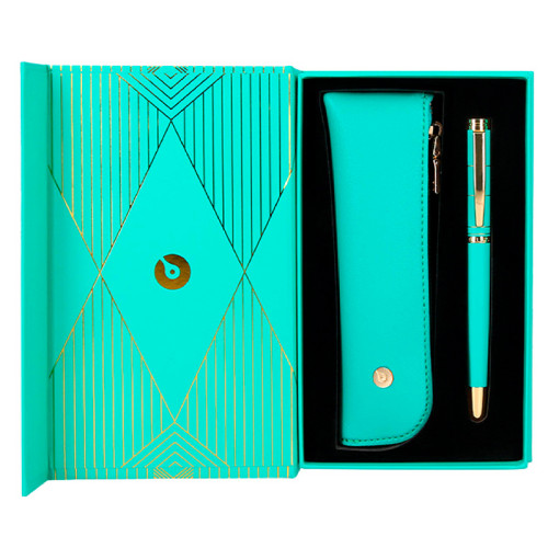 Pluma de aluminio belius soirée, turquesa/dorado, azul - estuche de símil piel - caja de diseño