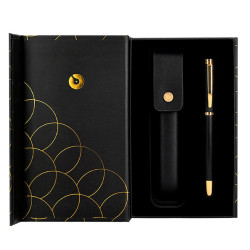 Bolígrafo de aluminio belius passion d´or, 0,8 mm. negro/dorado, azul - estuche de símil piel - caja de diseño