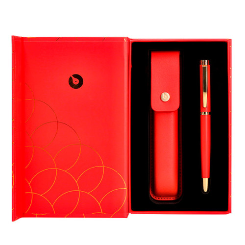 Pluma estilográfica de aluminio belius passion d´or, rojo/dorado, azul - estuche de símil piel - caja de diseño