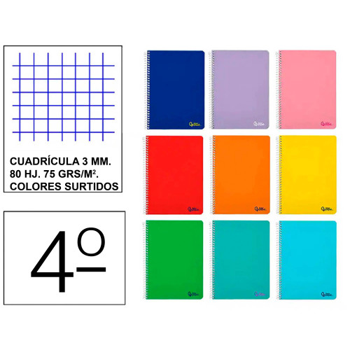 Cuaderno espiral tapa blanda liderpapel serie smart, 4º, 80 hj. 75 grs/m². 3x3 c/m. colores surtidos