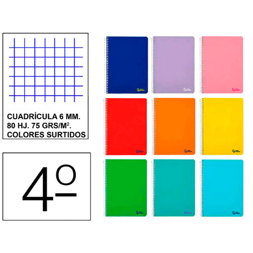 Cuaderno espiral tapa blanda liderpapel serie smart, 4º, 80 hj. 75 grs/m². 6x6 c/m. colores surtidos