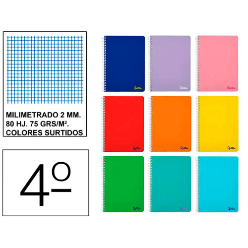 Cuaderno espiral tapa blanda liderpapel serie smart, 4º, 80 hj. 75 grs/m². milimetrado 2 mm. s/m. colores surtidos