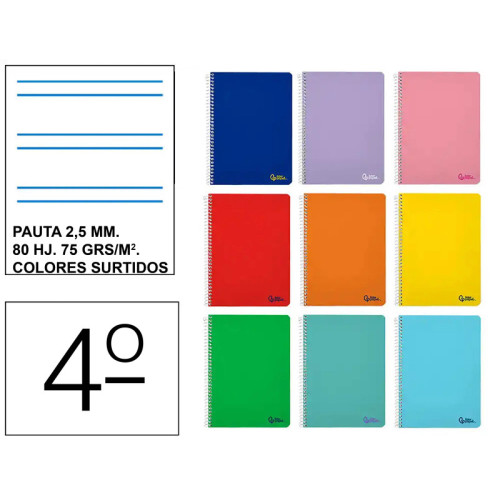 Cuaderno espiral tapa blanda liderpapel serie smart, 4º, 80 hj. 75 grs/m². pauta estrecha 2,5 mm. c/m. colores surtidos