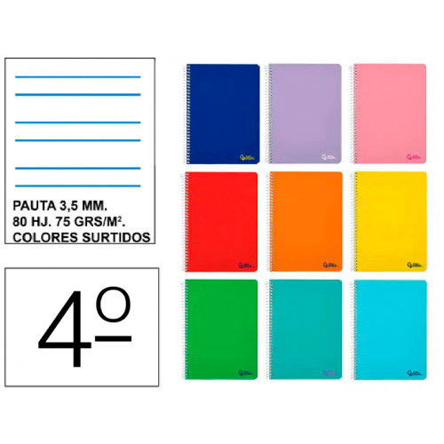 Cuaderno espiral tapa blanda liderpapel serie smart, 4º, 80 hj. 75 grs/m². pauta ancha 3,5 mm. c/m. colores surtidos