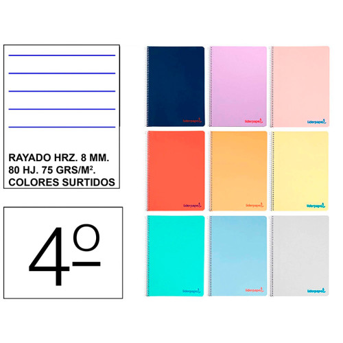 Cuaderno espiral tapa blanda liderpapel serie smart, 4º, 80 hj. 75 grs/m². rayado horizontal 8 mm. c/m. colores surtidos