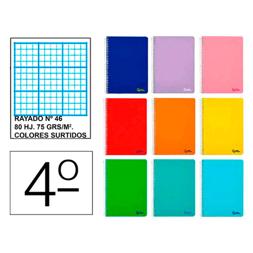 Cuaderno espiral tapa blanda liderpapel serie smart, 4º, 80 hj. 75 grs/m². rayado nº 46 s/m. colores surtidos