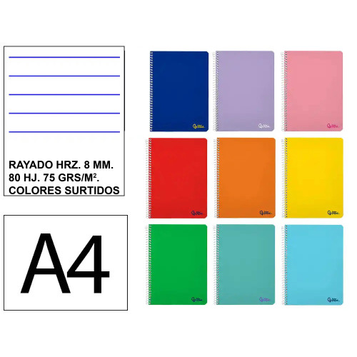 Cuaderno espiral tapa blanda liderpapel serie smart, din a4, 80 hj. 75 grs/m². rayado horizontal 8 mm. c/m. colores surtidos