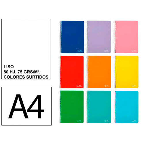 Cuaderno espiral tapa blanda liderpapel serie smart, din a4, 80 hj. 75 grs/m². liso s/m. colores surtidos