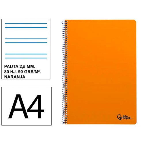 Cuaderno espiral tapa blanda liderpapel serie smart, din a4, 80 hj. 75 grs/m². pauta estrecha de 2,5 mm. c/m. naranja
