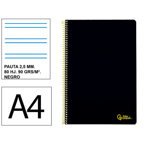 Cuaderno espiral tapa blanda liderpapel serie smart, din a4, 80 hj. 75 grs/m². pauta estrecha de 2,5 mm. c/m. negro
