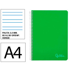 Cuaderno espiral tapa blanda liderpapel serie smart, din a4, 80 hj. 75 grs/m². pauta ancha de 3,5 mm. c/m. verde