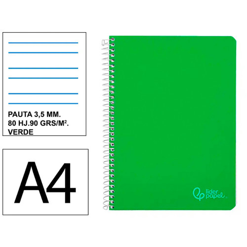 Cuaderno espiral tapa blanda liderpapel serie smart, din a4, 80 hj. 75 grs/m². pauta ancha de 3,5 mm. c/m. verde