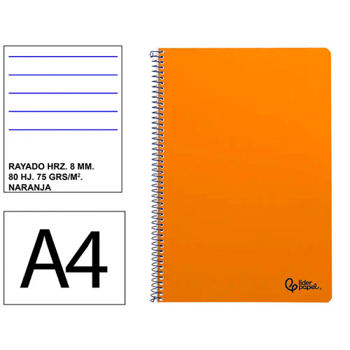 Cuaderno espiral tapa blanda liderpapel serie smart, din a4, 80 hj. 75 grs/m². rayado horizontal 8 mm. c/m. naranja