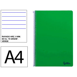 Cuaderno espiral tapa blanda liderpapel serie smart, din a4, 80 hj. 75 grs/m². rayado horizontal 8 mm. c/m. verde