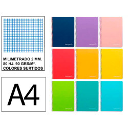 Cuaderno espiral tapa dura liderpapel serie witty, din a4, 80 hj. 90 grs/m². milimetrado 2 mm. c/m. colores surtidos