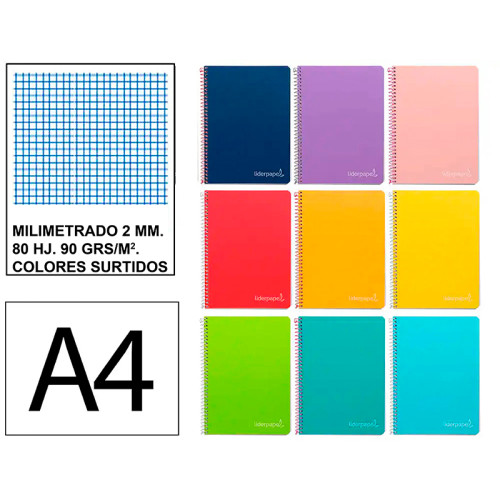 Cuaderno espiral tapa dura liderpapel serie witty, din a4, 80 hj. 90 grs/m². milimetrado 2 mm. c/m. colores surtidos