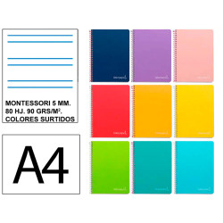 Cuaderno espiral tapa dura liderpapel serie witty, din a4, 80 hj. 90 grs/m². rayado montessori 5 mm. c/m. colores surtidos