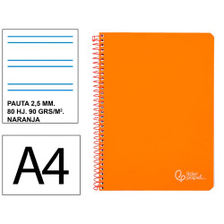 Cuaderno espiral tapa dura liderpapel serie witty, din a4, 80 hj. 90 grs/m². pauta estrecha 2,5 mm. c/m. naranja