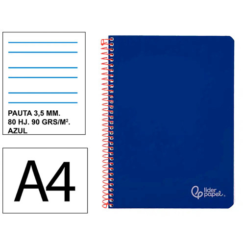 Cuaderno espiral tapa dura liderpapel serie witty, din a4, 80 hj. 90 grs/m². pauta ancha 3,5 mm. c/m. azul