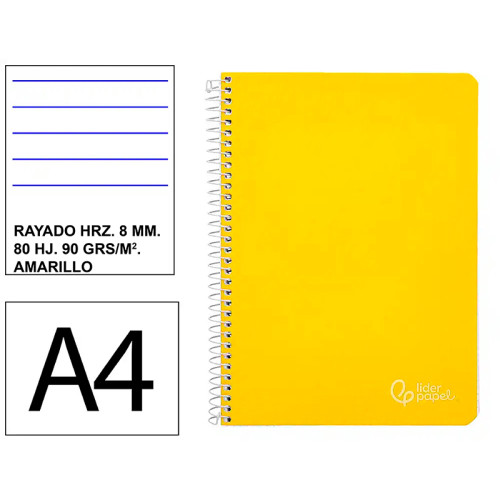 Cuaderno espiral tapa dura liderpapel serie witty, din a4, 80 hj. 90 grs/m². rayado horizontal 8 mm. c/m. amarillo