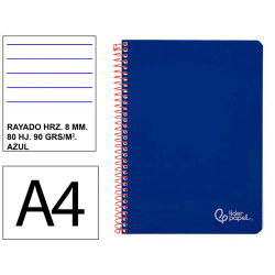 Cuaderno espiral tapa dura liderpapel serie witty, din a4, 80 hj. 90 grs/m². rayado horizontal 8 mm. c/m. azul