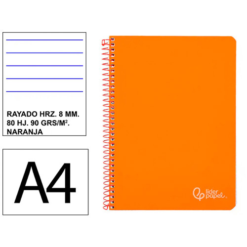 Cuaderno espiral tapa dura liderpapel serie witty, din a4, 80 hj. 90 grs/m². rayado horizontal 8 mm. c/m. naranja