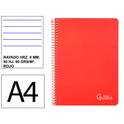 Cuaderno espiral tapa dura liderpapel serie witty, din a4, 80 hj. 90 grs/m². rayado horizontal 8 mm. c/m. rojo