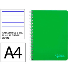 Cuaderno espiral tapa dura liderpapel serie witty, din a4, 80 hj. 90 grs/m². rayado horizontal 8 mm. c/m. verde