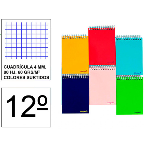 Bloc espiral tapa blanda liderpapel serie smart, 12º, 80 hj. 60 grs. 4x4 s/m. colores surtidos
