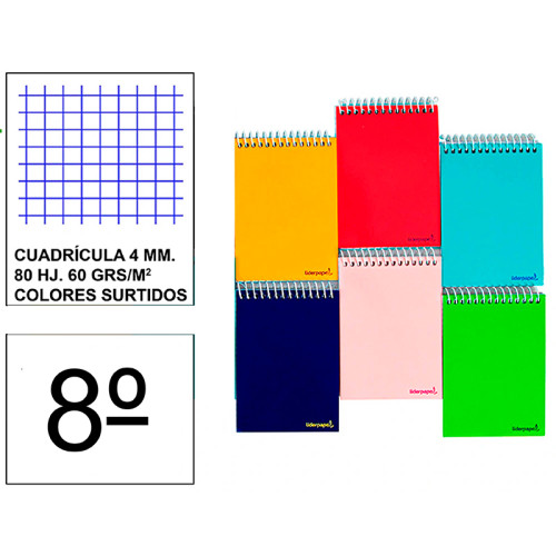 Bloc espiral tapa blanda liderpapel serie smart, 8º, 80 hj. 60 grs. 4x4 s/m. colores surtidos