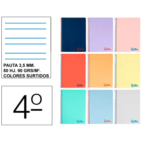 Cuaderno espiral con tapas de polipropileno liderpapel serie wonder, 4º, 80 hj. 90 grs/m². pauta ancha 3,5 mm. c/m.