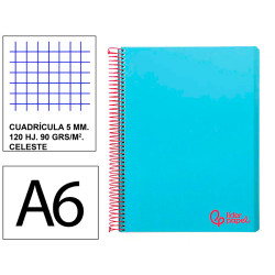 Cuaderno espiral tapa de polipropileno liderpapel serie wonder, din a6, 120 hj. 90 grs/m². 5x5 s/m. celeste
