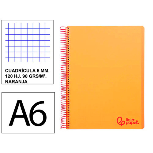 Cuaderno espiral tapa de polipropileno liderpapel serie wonder, din a6, 120 hj. 90 grs/m². 5x5 s/m. naranja
