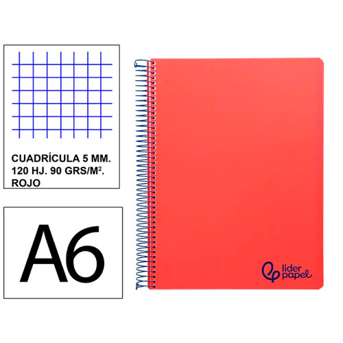 Cuaderno espiral tapa de polipropileno liderpapel serie wonder, din a6, 120 hj. 90 grs/m². 5x5 s/m. rojo