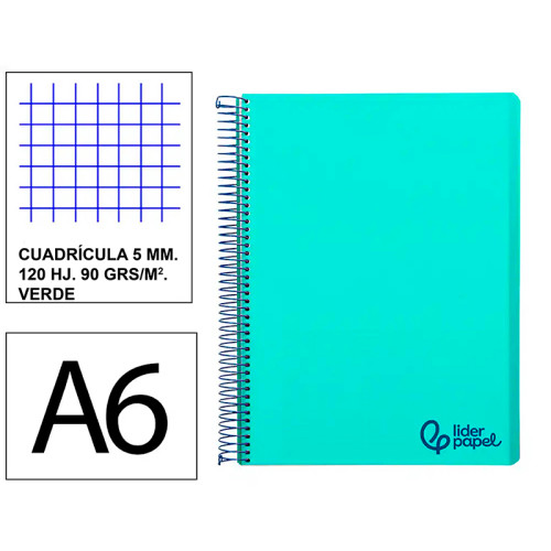 Cuaderno espiral tapa de polipropileno liderpapel serie wonder, din a6, 120 hj. 90 grs/m². 5x5 s/m. verde