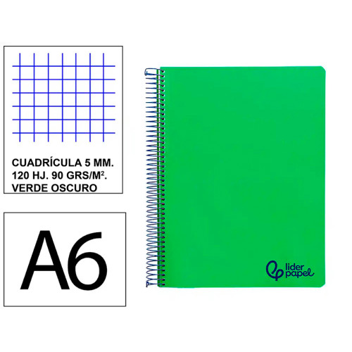 Cuaderno espiral tapa de polipropileno liderpapel serie wonder, din a6, 120 hj. 90 grs/m². 5x5 s/m. verde oscuro