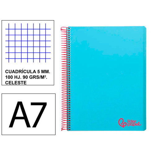 Cuaderno espiral tapa de polipropileno liderpapel serie wonder, din a7, 100 hj. 90 grs/m². 5x5 s/m. celeste