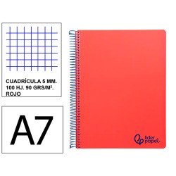 Cuaderno espiral tapa de polipropileno liderpapel serie wonder, din a7, 100 hj. 90 grs/m². 5x5 s/m. rojo