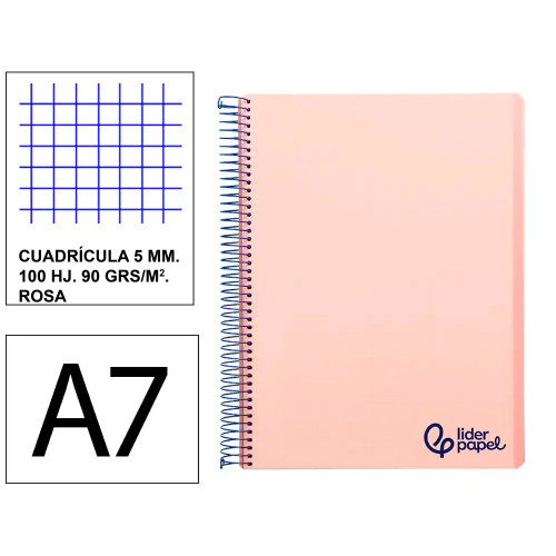 Cuaderno espiral tapa de polipropileno liderpapel serie wonder, din a7, 100 hj. 90 grs/m². 5x5 s/m. rosa