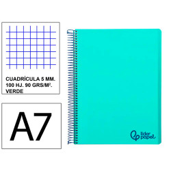 Cuaderno espiral tapa de polipropileno liderpapel serie wonder, din a7, 100 hj. 90 grs/m². 5x5 s/m. verde