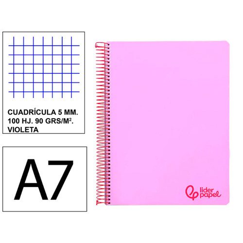 Cuaderno espiral tapa de polipropileno liderpapel serie wonder, din a7, 100 hj. 90 grs/m². 5x5 s/m. violeta