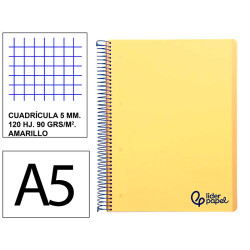 Cuaderno espiral con tapas de polipropileno liderpapel serie wonder, din a5, 120 hj. 90 grs/m². 5x5 s/m. amarillo