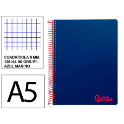 Cuaderno espiral con tapas de polipropileno liderpapel serie wonder, din a5, 120 hj. 90 grs/m². 5x5 s/m. azul marino
