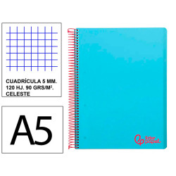 Cuaderno espiral con tapas de polipropileno liderpapel serie wonder, din a5, 120 hj. 90 grs/m². 5x5 s/m. celeste