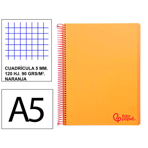 Cuaderno espiral con tapas de polipropileno liderpapel serie wonder, din a5, 120 hj. 90 grs/m². 5x5 s/m. naranja