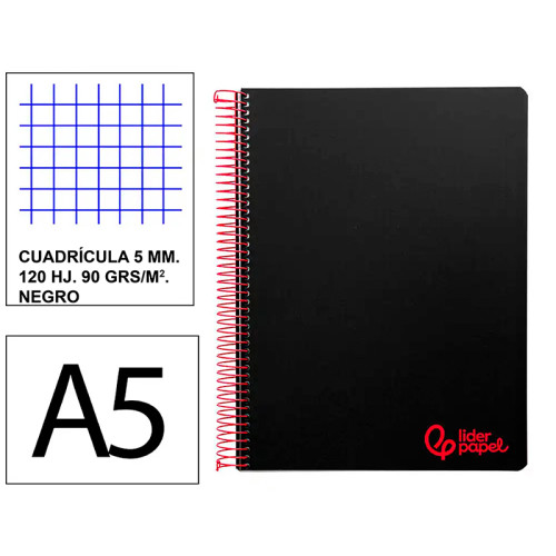 Cuaderno espiral con tapas de polipropileno liderpapel serie wonder, din a5, 120 hj. 90 grs/m². 5x5 s/m. negro
