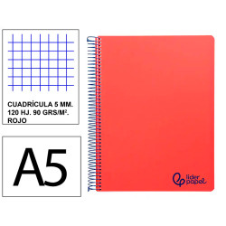 Cuaderno espiral con tapas de polipropileno liderpapel serie wonder, din a5, 120 hj. 90 grs/m². 5x5 s/m. rojo